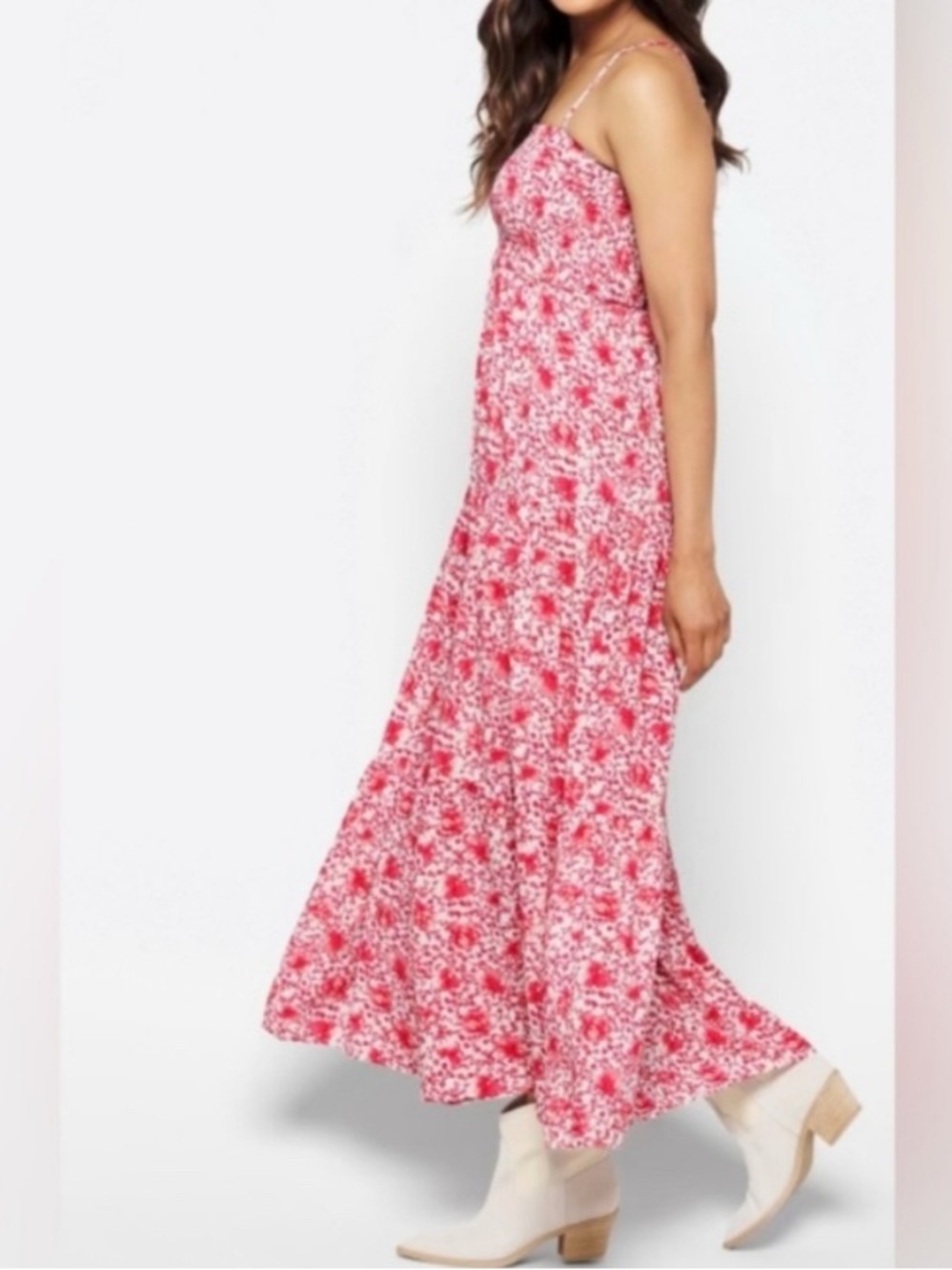 Steve Madden Pink Red Floral Smocked Bodice Maxi Dress Cottagecore Size M